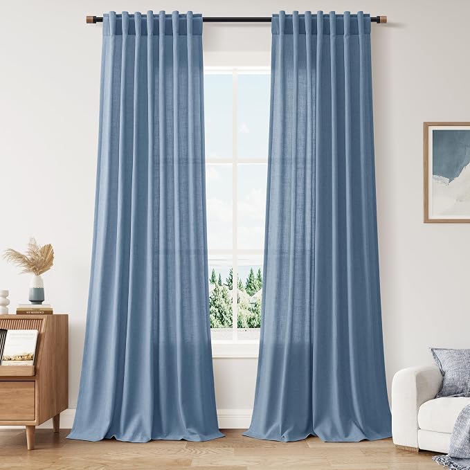 Stone Blue Linen Curtains 90 Inch Length for Bedroom Living Room Back Tab Rod Pocket Light Filtering Semi Sheer Modern Farmhouse Coastal Decor Curtain Cotton Textured Gauze Drapes for Office 52x90