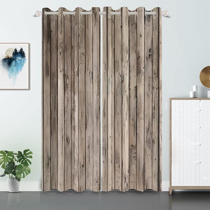 Rustic Curtains Vintage Grey Wood Barn Door Window Curtains Wood Planks American Rural Garage Door Drapes Earth Tone Wooden Door Window Treatments Native Farmhouse Decor,42x108 inch,2 Panels