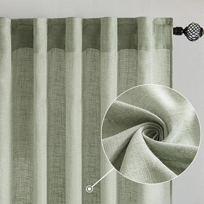 MIULEE Sage Linen Curtains 54 Inch Length 2 Panels for Bedroom Living Room,Green Soft Thick Linen Textured Short Window Drapes Semi Sheer Light Filtering Back Tab Rod Pocket Burlap Look Decor