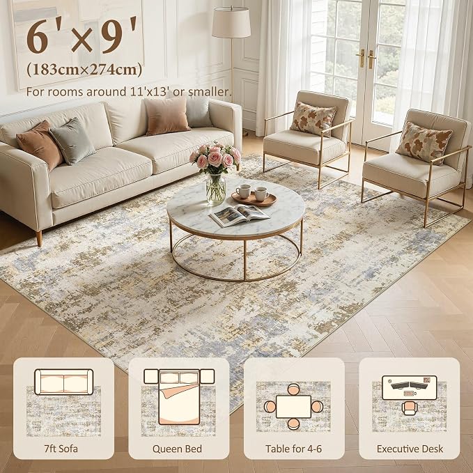 Area Rugs 6x9 Living Room: Washable Large Abstract Modern Neutral Soft Rug Stain Resistant Non-Slip Backing Carpet for Bedroom Dining Room Indoor Nursery Dorm Home Office Decor - Brown