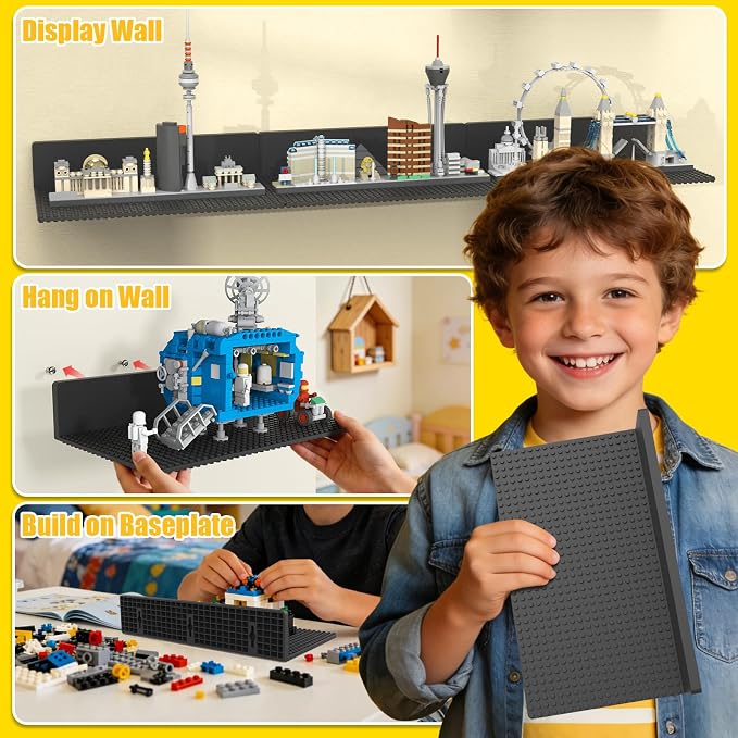 BlissBox 8-Pack Large Display Shelves for Wall Compatible with Lego Building Bricks, 11.3x6.3inch Dual-Sided 36x20 Studs for Brick Display and Storage, for Medium & Large Brick Builds, Black