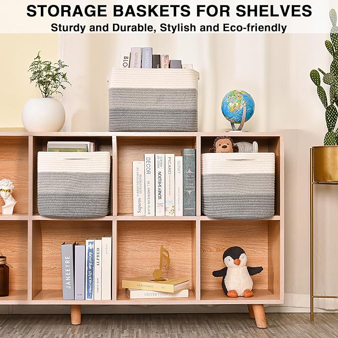 Storage Baskets for Organizing Shelves, Woven Cotton Rope Basket for Storage, Dog Toy Baskets Storage Kids, Book Bins for Living Room Bedroom, 14.8"×11"×9.5", Pack of 3, Gradient Grey