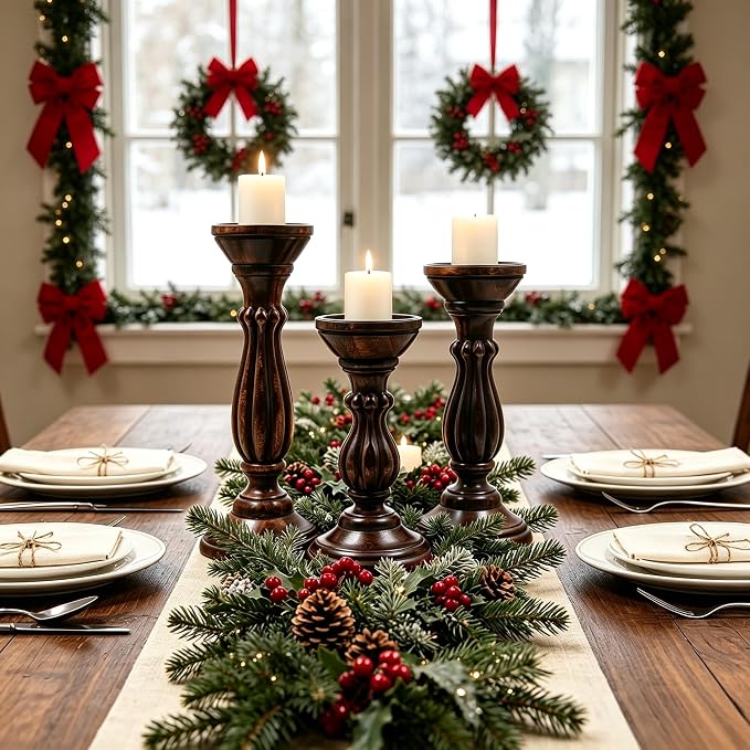 Hosley Set of 3 Dark Brown Wood Pillar Candle Holders 13 Inches 11 Inches and 9 Inches High Ideal for LED and Pillar Candles Gifts for Weddings Party Home Spa Reiki Aromatherapy