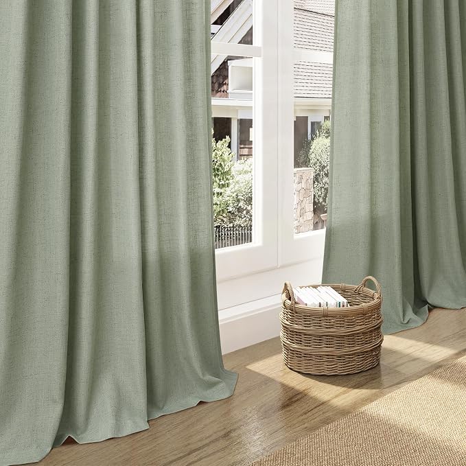 Desert Sage Linen Curtains 63 Inches Long 2 Panel Sets for Living Room Bedroom Rod Pocket Back Tab Light Filtering Drape for Kitchen Window Short Protect Privacy Curtain Modern Farmhouse Decor 52x63