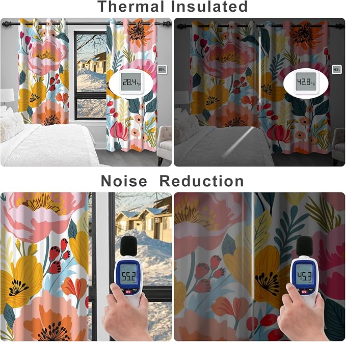 Boho Patterned Blackout Curtains for Bedroom, Bohemian Floral Living Room Darkening Curtains 84 Inch Length 2 Panels Set, Grommet Thermal Insulated Soundproof Window Drapes with Curtain Tiebacks