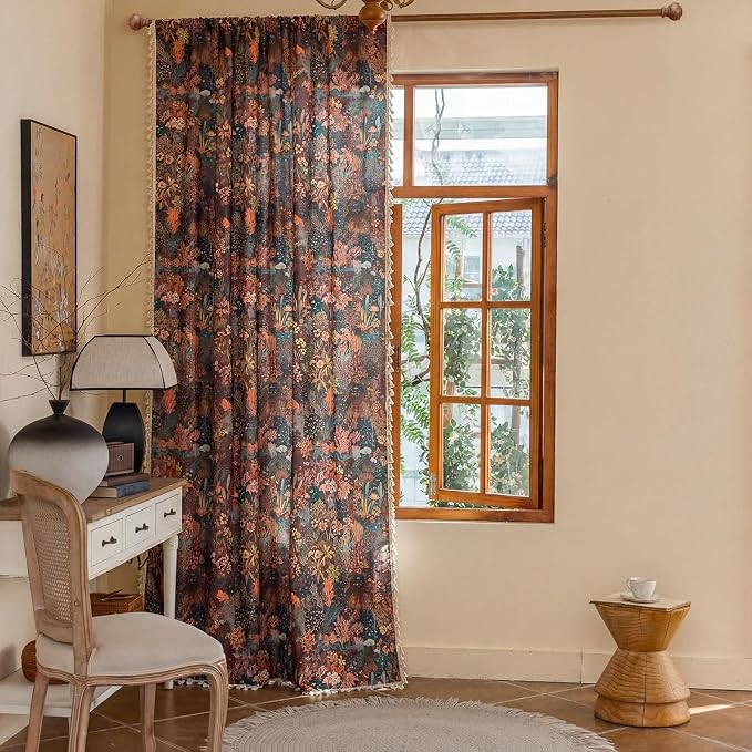 OYX Boho Floral Curtains 63 Inch, Linen Farmhouse Flower Drapes with Lace & Tassels, Light Filtering Semi Sheer Curtains for Living Room Bedroom, 2 Panels