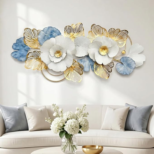 Axioglo 59" Large Wall Decor,3D Floral Metal Wall Art for Living Room | 59" x 27" metal wall decor with layered metal texture, mounting hardware, two-way display