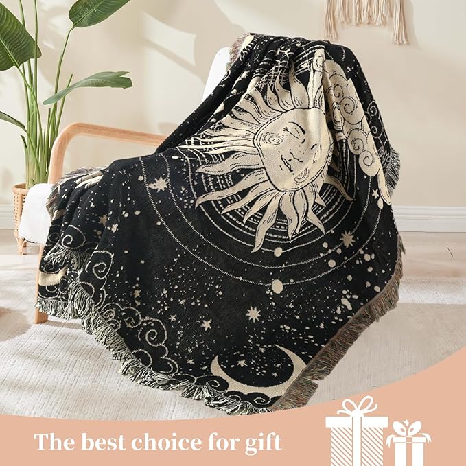Boho Throw Blanket Reversible Cotton Bohemian Tapestry Hippie Room Decor Outdoor Blanket Double Sided (Sun Moon 50"x60")