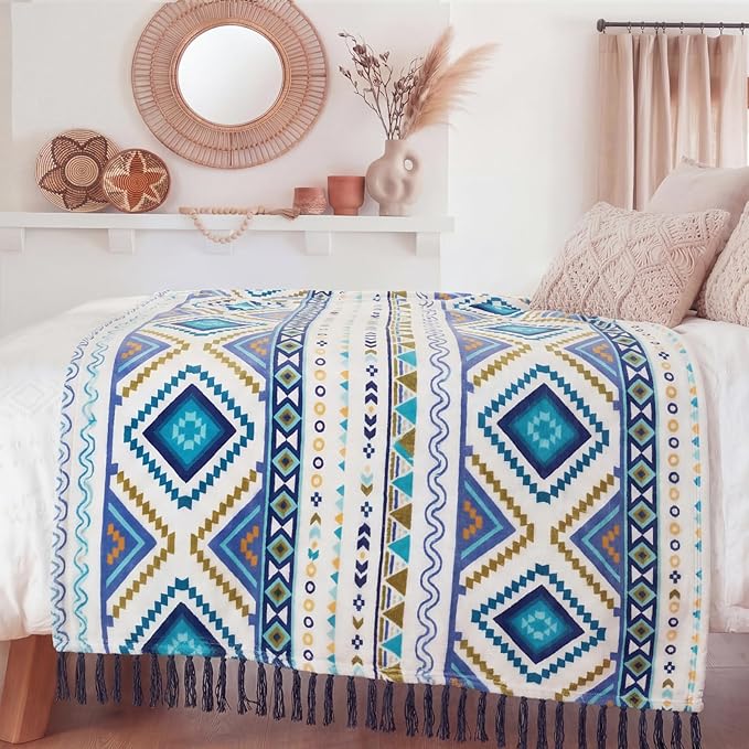 CASAAGUSTO Boho Throw Blanket for Couch - Farmhouse Throw Blanket with Tassel, Western Aztec Blanket, Printed Flannel Bohemian Blanket,Gifts for Women(50x60 Inches, Blue and White)