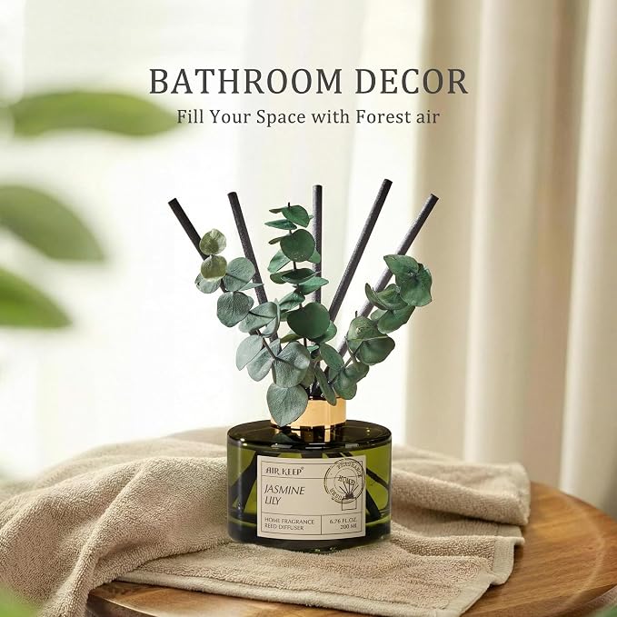 Airkeep Reed Diffuser Set with 6.76 fl oz Jasmine Lily Scent Essential Oils and 3 Leaves & 8 Diffuser Sticks,Bathroom Shelf Decor & Air Freshener, House Bedroom Office Decor & Gifts