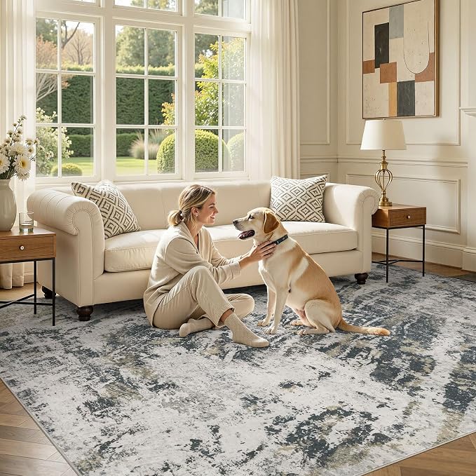 DMOYEST Area Rug Living Room Rugs - 8x10 Large Soft Indoor Neutral Modern Abstract Low Pile Washable Rug Carpet for Bedroom Dining Room Farmhouse Home Office-Black Gold/Grey