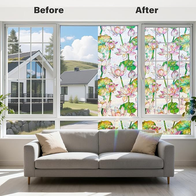 Donox Window Privacy Film Static Cling, Decorative Stained Glass Style Tint, Lotus Pattern with Rainbow Effect for Home and Office, UV Blocking No Glue Removable, 17.5 x 157.4 inches