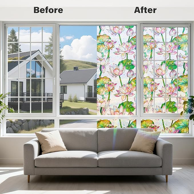 Donox Window Privacy Film Static Cling, Decorative Stained Glass Style Tint, Lotus Pattern with Rainbow Effect for Home and Office, UV Blocking No Glue Removable, 17.5 x 78.7 inches