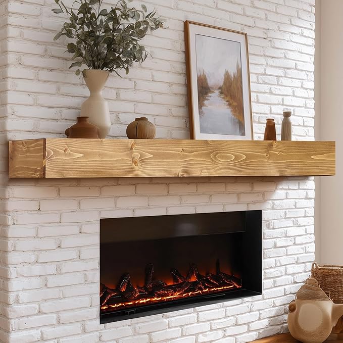 72x8x5 Fireplace Mantel - Handcrafted Rustic Solid Wood Wall Mounted Floating Shelf with Invisible Heavy Duty Wood Bracket (Natural)