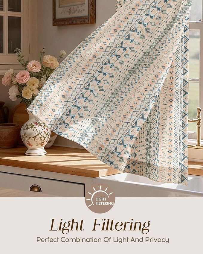 Miss Adola Boho Kitchen Tier Curtains - 36 Inch Length Linen Blend Cafe Curtains Farmhouse Small Window Treatments Over Sink Rod Pocket for Bathroom Living Room Light Filtering, 2 Panels
