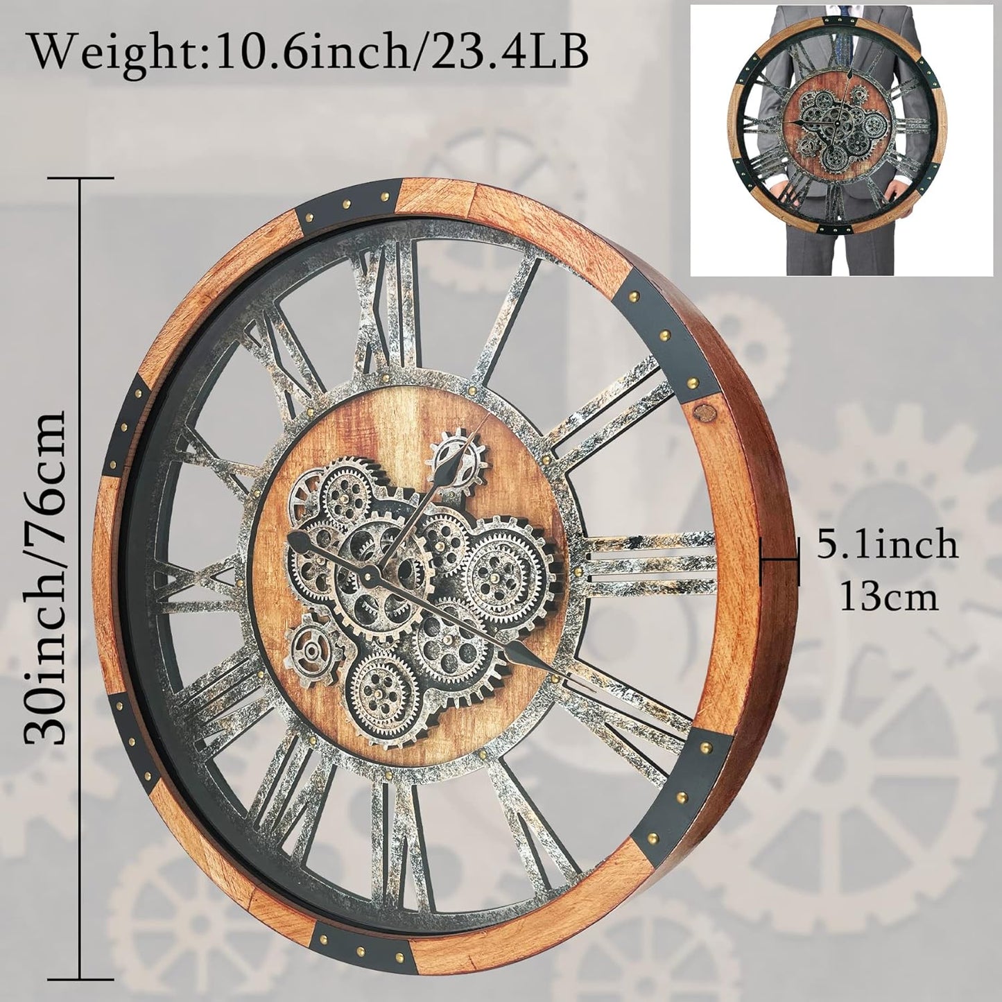 30 Inch Moving Gear Wall Clock, Oversized Wall Clocks, Clock Living Room Decor, Solid Wood Frame, Battery Operated, Large Wall Clock with Steampunk Industrial for Fireplace(Brown)