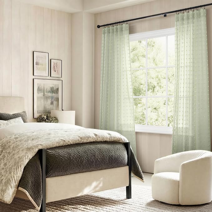 DANCURTON Sage Green Sheer Curtains 84 Inch Length 2 Panels Boho Pom Pom Sheer Window Drapes for Living Room Bedroom Design Back Tab Farmhouse Vintage Rustic Greyish Green Spring Decor Curtain 52x84