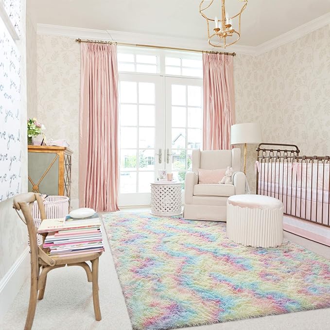 AROGAN Soft Rainbow Area Rugs for Girls Room 5x8 Feet, Fluffy Girls Bedroom Rugs, Princess Rug, Cute Colorful Carpet for Kids Teens Nursery Toddler, Pink
