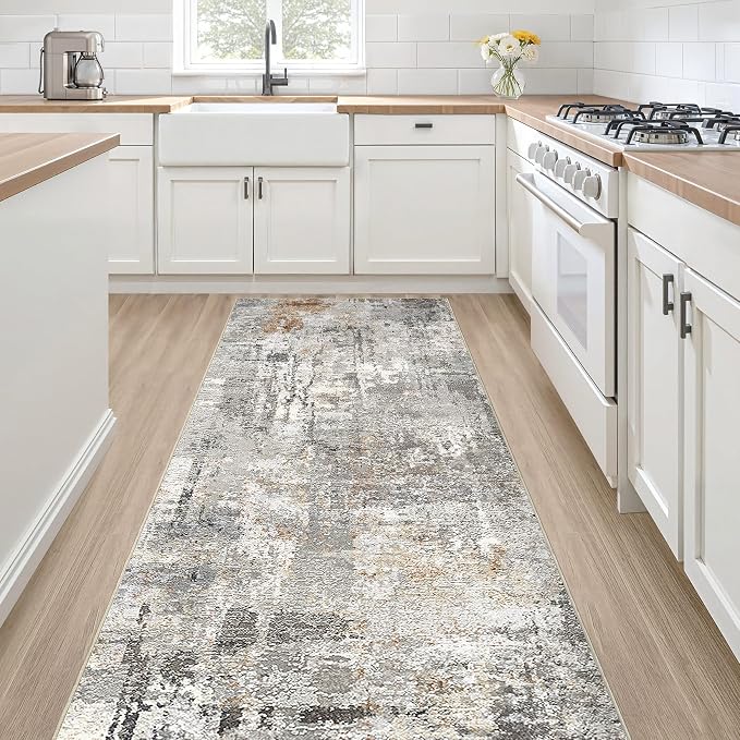 Runner Rug Kitchen Washable Rugs: 2x6 Non-Slip Abstract Soft Modern Stain Resistant Indoor Floor Neutral Accent Throw Carpet for Hallway Bathroom Laundry Room Entryway Bedroom- Gray Rust