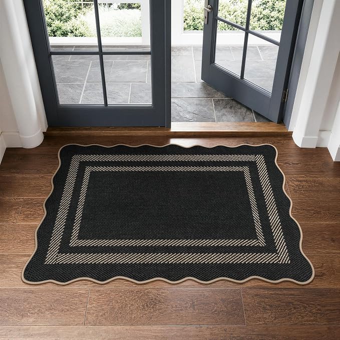 LIVEBOX Scalloped Easy Jute 2x3 Kitchen Rug, Black Front Door Mat Small Indoor Outdoor Rug for Entryway, Washable Non Slip Farmhouse Area Rugs, Tan Neutral Carpet Doormat for Porch Doorway Foyer
