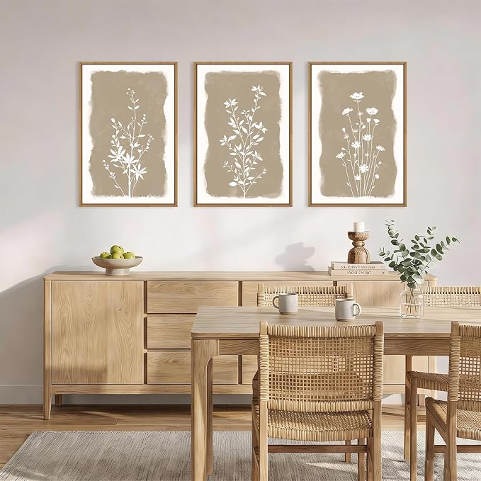 Neutral Beige Floral Silhouette Framed Canvas Wall Art Set,Modern Boho Minimalist Botanical Wildflower Wall Decor,Vintage Natural Creamy Flower Artwork for Living Room,Farmhouse-16 x24 x3