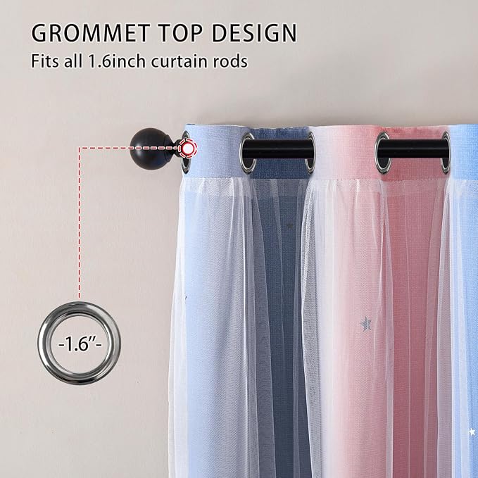XiDi Rainbow Blackout Curtains 96 Inches Long for Girls Bedroom 2 Panels Set, Kids Pink Curtains for Room Decor Unicorn Wall Decals Drapes for Little Girl Nursery Pink/Grey/Blue 34 Inches Wide