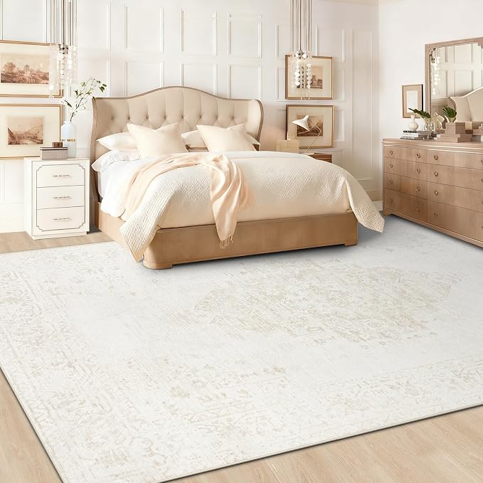 8x10 Area Rugs for Living Room: Washable Vintage Large Retro Rug Soft Non-Slip Indoor Low Pile Carpet for Bedroom Dining Room Office (Beige, 8' x 10')