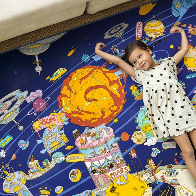 Outer Space Adventure 5x7 Kids Rug – Vibrant Galaxy Scene with Planets, Astronauts, Spaceships & Fun Details – Perfect Playroom or Bedroom Carpet for Learning & Imagination
