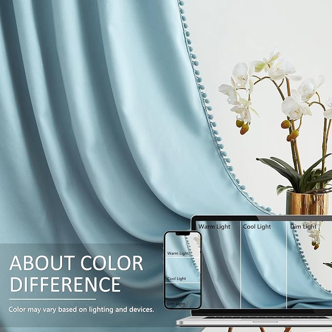 TREATMENTEX Pom-Pom Blue Curtains Living Room 84 inches Energy Efficient Thermal Insulated Room Darkening Curtain Panels for Bedroom Window Draperies Nursery Room Children 50in w x2 Panels Rod Pocket
