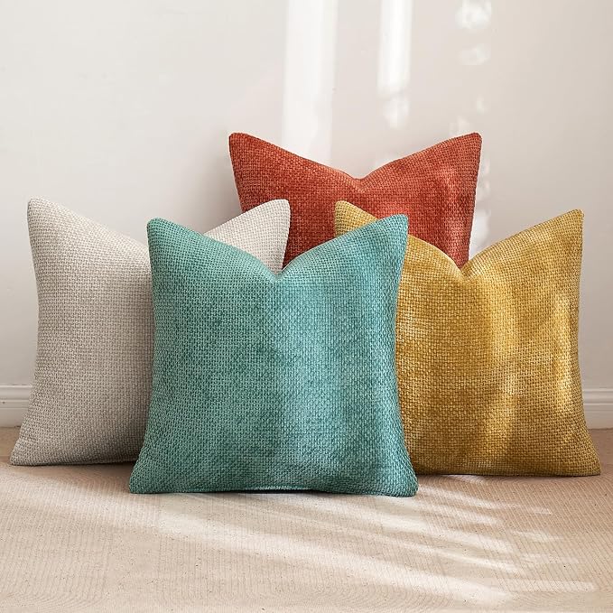 MIULEE Pack of 4 Couch Throw Pillow Covers 20x20 Inch Neutral Orange/Teal Soft Decorative Chenille Pillow Covers Farmhouse Accent Cushion Covers for Boho Fall Home Decor Sofa Bedroom Living Room