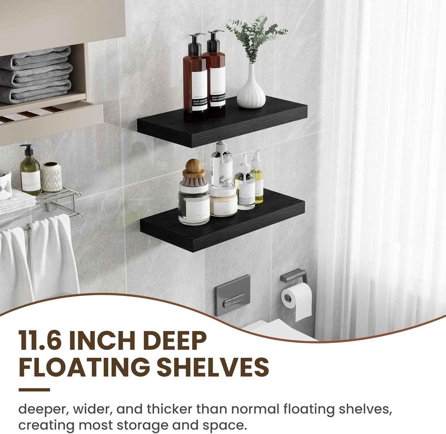 24 Inch Floating Shelves, 11.6 Inch Deep Floating Shelves for Wall, Floating Shelf with Invisible Brackets, Deep Shelves for Bathroom, Bedroom, Living Room, 2 Pack, Black