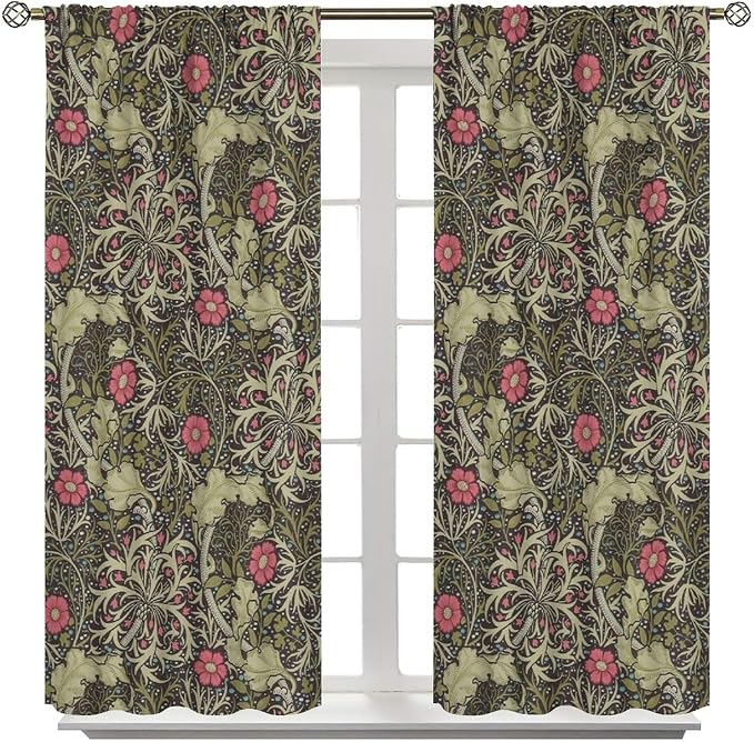 Vintage Flower Blackout Curtains, William Morris Style Art Floral Rustic Plant Wildflower Window Drapes, for Living Room Bedroom 36(W)*63(L) 2 Panels