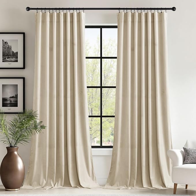 StangH Beige Curtains 96 inches Thermal Insulated Window Drapes, 2 Panels | 300GSM Soft Velvet, Farmhouse Neutral Decor, Light Filtering & UV Protection Bedroom Drapes, Living Room, Office