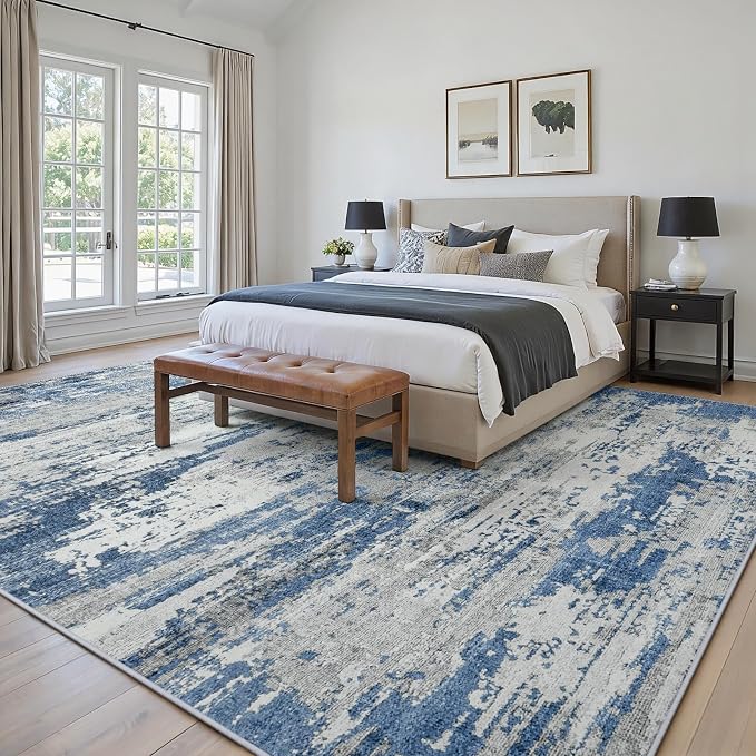 Area Rugs 10x14 Living Room: Large Soft Washable Rug Modern Abstract Anti-Skid Non-Shedding Carpet Indoor Floor Thin Carpets for Bedroom Dining Room Farmhouse Nursery Home Office Grey Blue