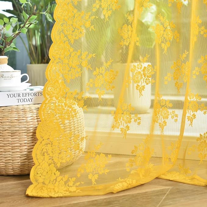 Kotile Gold Lace Curtains 96 Inches Long, 2 Panels Country Rustic Floral Mustard Yellow Sheer Curtains for Living Room Bedroom, Rod Pocket Light Filtering Privacy Window Curtain Drapes, 52 x 96 Inch