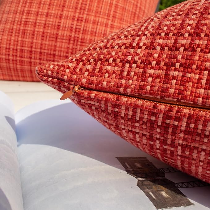 Kevin Textile Outdoor Waterproof Throw Pillow Covers 14x24 Inch Pack of 2 Woven Faux Linen Farmhouse Decorative Water Resistant Lumbar Cushion Covers for Tent Patio Garden Couch Sofa Red
