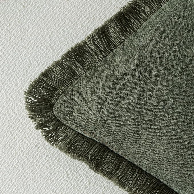 MIULEE Decorative Throw Pillow Covers Neutral Linen Fringe Throw Pillows Set of 2 Rifle Green Boho Farmhouse Cushion Covers with Tassels for Couch Sofa Bed Living Room Spring Home Decor 18x18 Inch