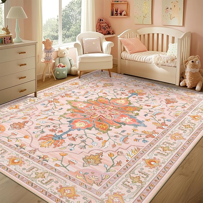 RELEANY Area Rugs 4'x6' Washable Non-Slip, Floral Vintage Distress Medallion Carpet for Living Room Bedroom Dining Room, Light Pink Colorful