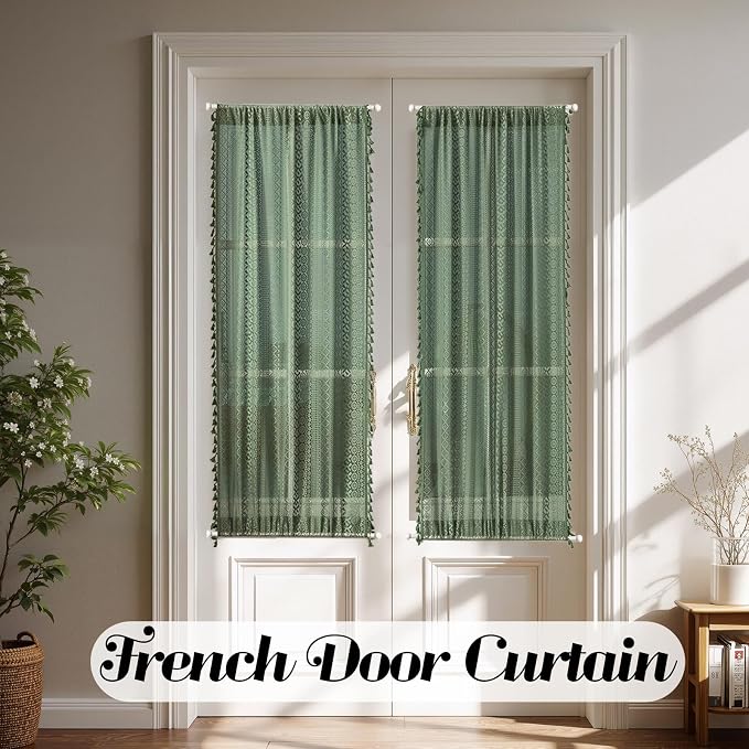 Sutuo Home Olive Green French Door Curtains for Front Glass Door & Sidelights, Semi Sheer Farmhouse Bohemian Rustic Tassels Vintage Privacy Christmas Festival Decor, Rod Pocket 2 Panels 25" W x 72" L