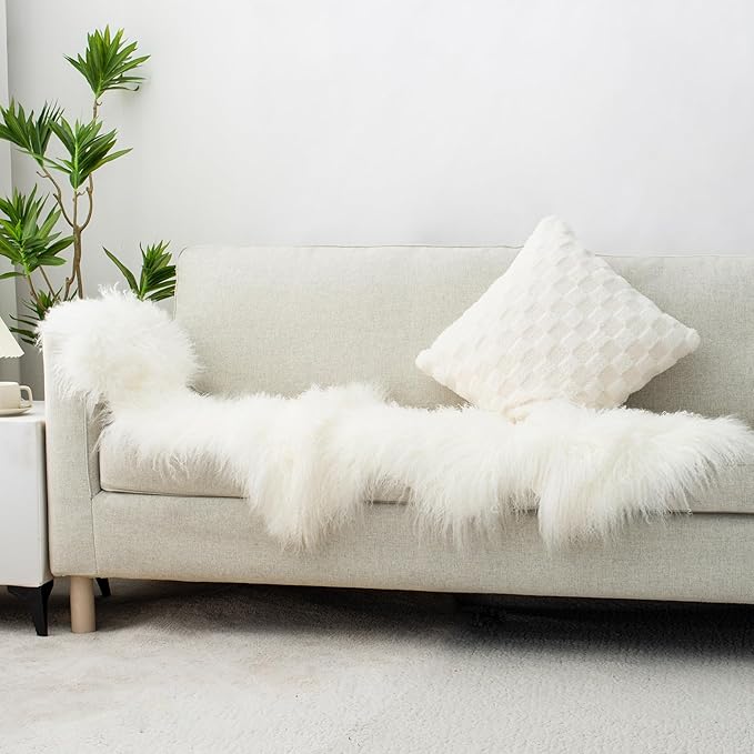 100% Genuine Sheepskin Area Rug Real Lightweight Fluffy Soft Mongolian Long Wool Fur Carpet for Couch Bed Sofa Bedroom Living Room White 2x5ft