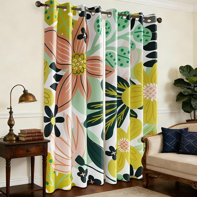 Tyrot Boho Floral 100% Blackout Curtains fo Bedroom 63 inch Long 2 Panels Mid Century Botanical Black Out Curtains for Living Room Grommet Thermal Insulated Room Darkening Window Drapes