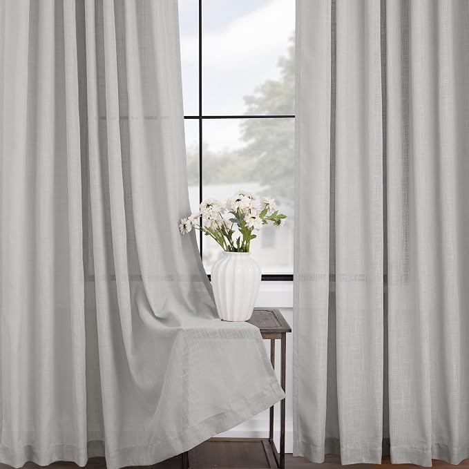 Linen Blend Grey Curtains for Living Room Back Tab Modern Farmhouse Semi Sheer Light Gray Curtains 45 inches Long 2 Panels Set Muted Neutral Cotton Texture Window Curtain for Dining Room Bedroom