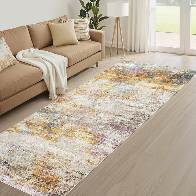 Runner Rug Kitchen Washable Rugs: 3x10 Non-Slip Abstract Soft Modern Stain Resistant Indoor Floor Neutral Accent Throw Carpet for Hallway Bathroom Laundry Room Entryway Bedroom- Gold Colorful