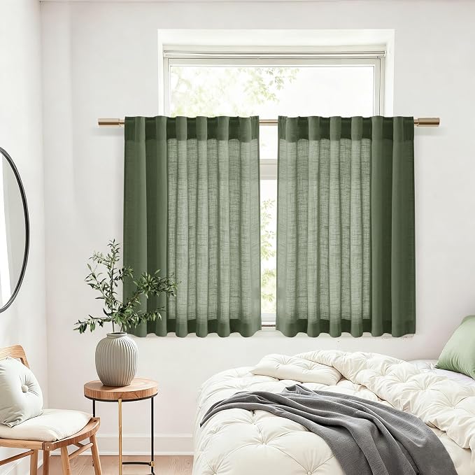 Nanspring Olive Green Linen Curtains 30 Inch Length Short Kitchen, Semi Sheer Boho Cafe Curtains Back Tab and Rod Pocket Basement Drapes for Half Window 30 x 30 Inch,2 Panels