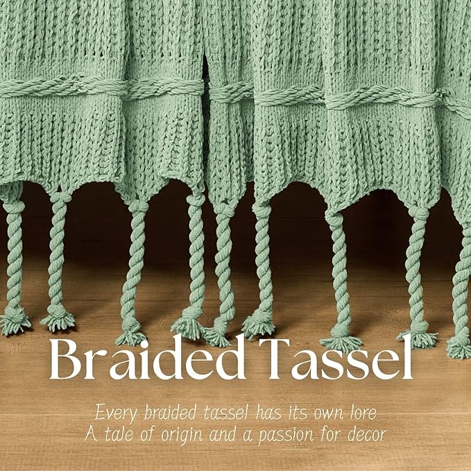 Boho Knitted Chenille Blanket with Tassels - Lightweight & Soft All-Season Throw - 3D Classic Pattern for Living Room Bedroom Couch, Sage Green, Queen 90"x90"