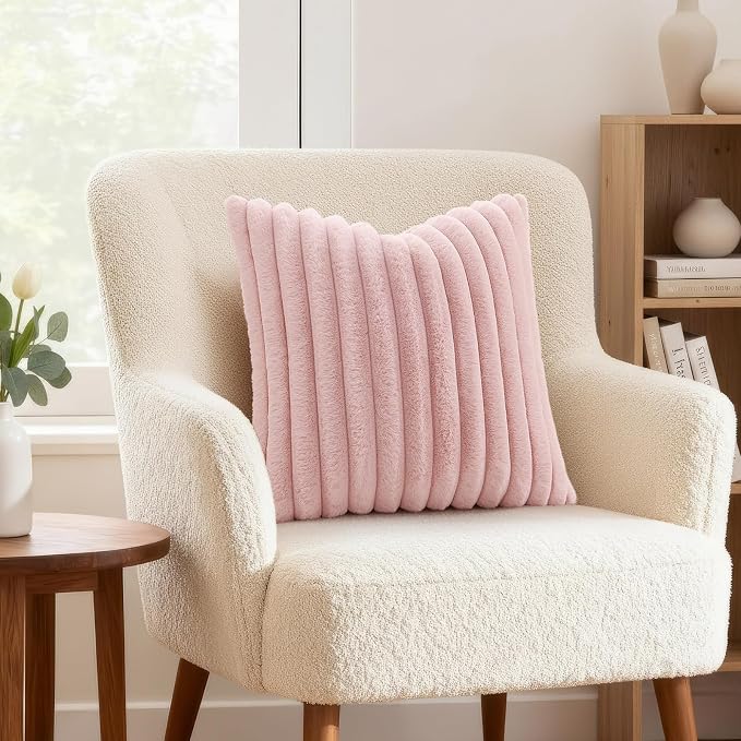 decorUhome Fall Cozy Faux Fur Throw Pillow Covers 26x26 Set of 2 Decorative Soft Plush Striped Modern Farmhouse Boho Couch Euro Sham Pillow Cases with Velvet Back for Sofa Bed Living Room, Pink