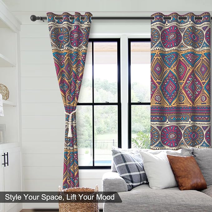 Boho Geometric Patterned Blackout Curtains for Bedroom, Bohemian Living Room Darkening Curtains 84 Inch Length 2 Panels Set, Thermal Insulated Soundproof Bedroom Window Drapes with Curtain Tiebacks