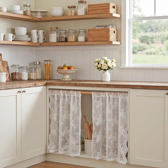 MEETSKY White Lace Curtains 30 Inch Length 2 Panels, Victorian Floral Pattern White Sheer Curtains for Kitchen and Bathroom Mini Curtains Over Sink for Small Windows Camper Cafe 26" W Each Panel