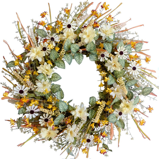 idyllic 20 Inches Spring Summer Front Door Wreath, Yellow and White Daisies Flowers, Ear of Wheat, Green Leaves Wreath for Front Door