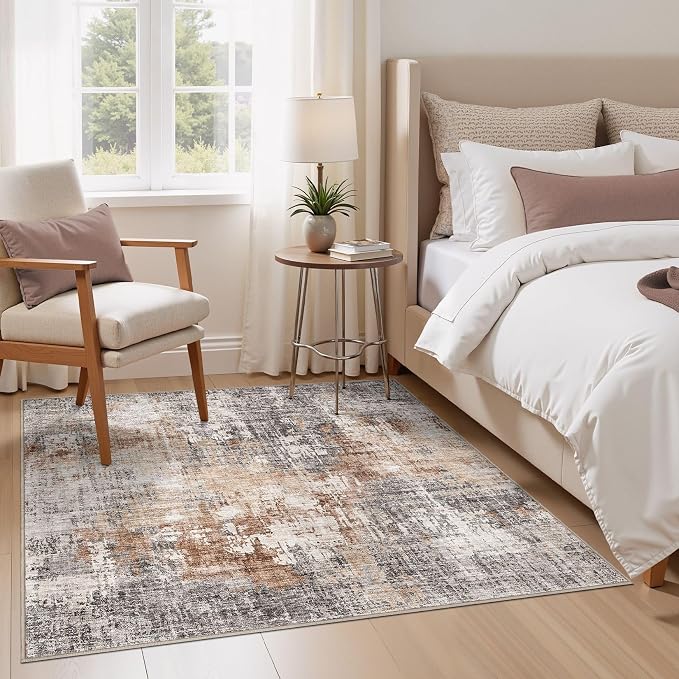 DMOYEST Square Area Rug Living Room Rugs - 6x6 Washable Large Soft Indoor Neutral Modern Abstract Low Pile Rug Carpet for Bedroom Dining Room Farmhouse Home Office - Grey Brown